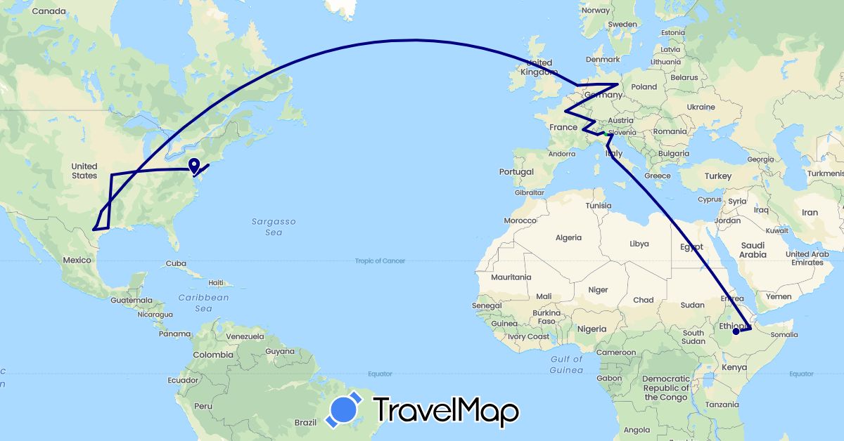 TravelMap itinerary: driving, bus in Switzerland, Germany, Ethiopia, France, Italy, Netherlands, United States (Africa, Europe, North America)